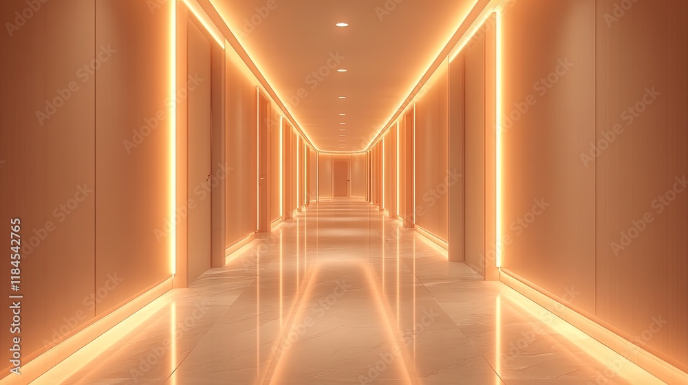 Obraz premium A modern corridor illuminated with warm orange lighting, creating a sleek and inviting atmosphere.