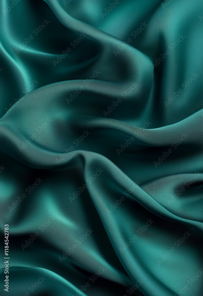 Obraz premium Deep aventurine teal green abstract background. Subtle shimmering silk fabric with smooth gradients and flowing waves. Blank elegant design.