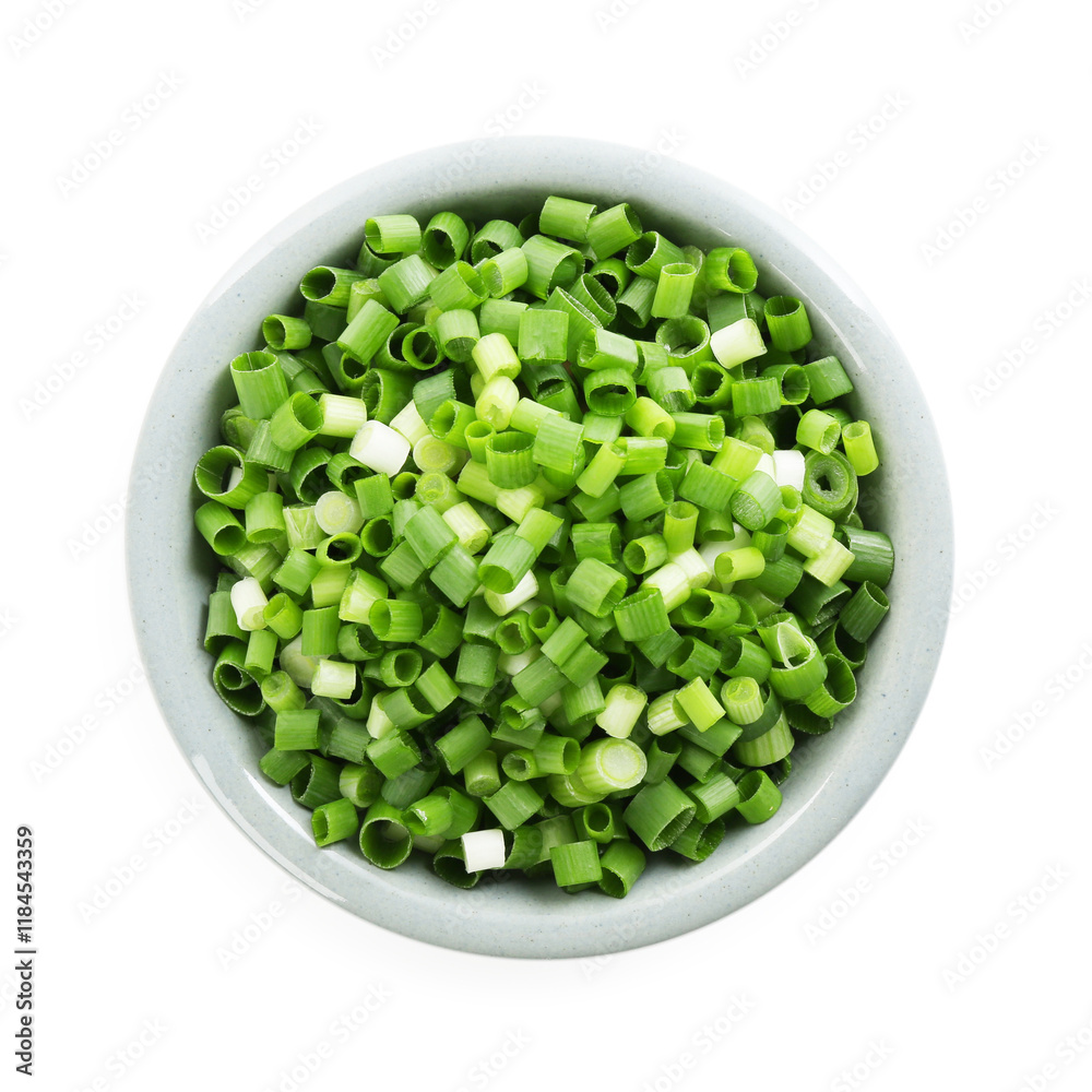 Chopped fresh green onion in bowl isolated on white, top view Chopped fresh green onion in bowl isolated on white, top view