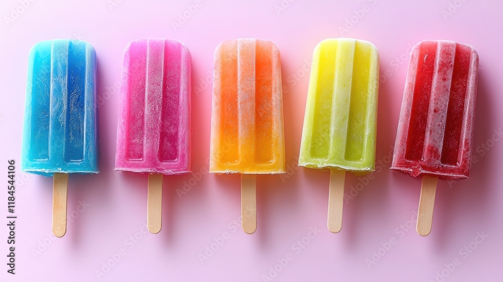 Colorful frozen popsicles on pink background in a rainbow arrangement Colorful frozen popsicles on pink background in a rainbow arrangement