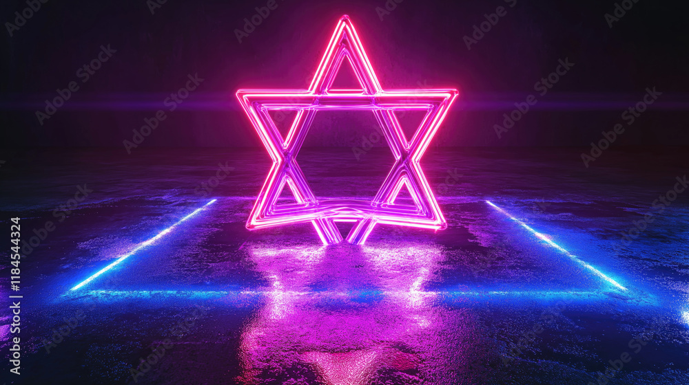 Neon purple star with blue reflection on wet surface at night Neon purple star with blue reflection on wet surface at night