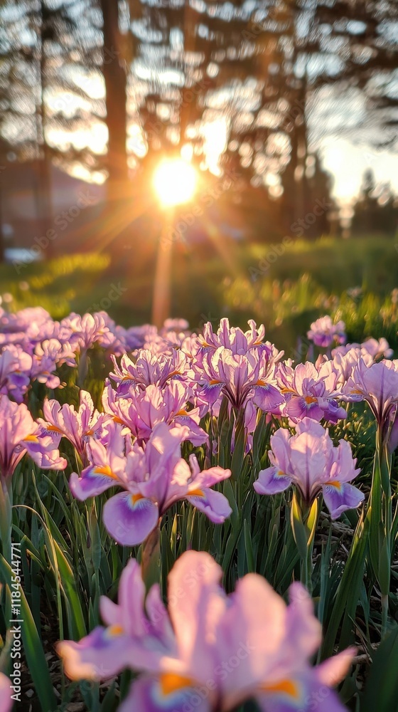 Obraz premium Vibrant Purple Iris Flowers Blooming in a Scenic Meadow at Sunset