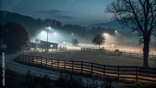 Misty Night Paddock with Lone Horse Under Floodlights and Foggy Sky V5