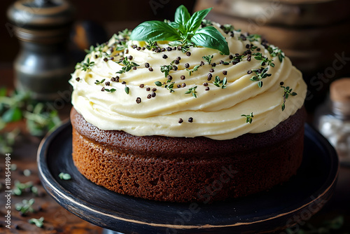 Delicious Chocolate Cake with Creamy Frosting and Herb Garnish A Realistic Food Photography photo