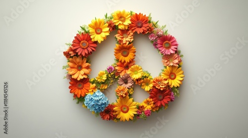 Colorful floral peace symbol made of vibrant spring flowers
