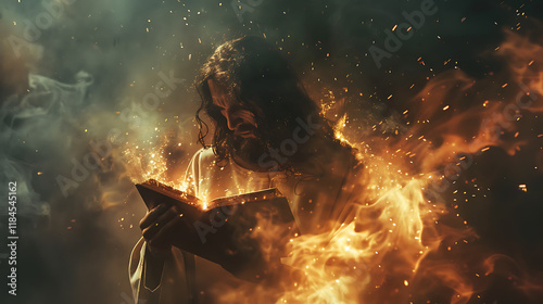 Jesus Christ holding a sacred book, reciting words of power, as Satan’s fiery breath engulfs the battlefield, their energies creating waves of destruction photo