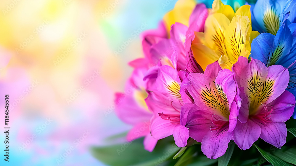 Fototapeta premium A vibrant bouquet of multicolored flowers with pink, yellow, and blue hues against a soft, dreamy background.