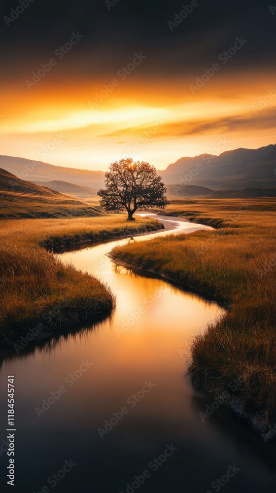 Fototapeta premium Tranquil Landscape with Winding Stream and Lone Tree at Sunset