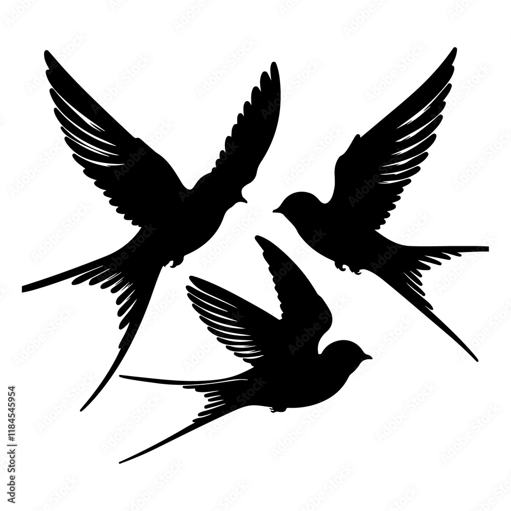Fototapeta premium Swallows Silhouette Line art isolated white background
