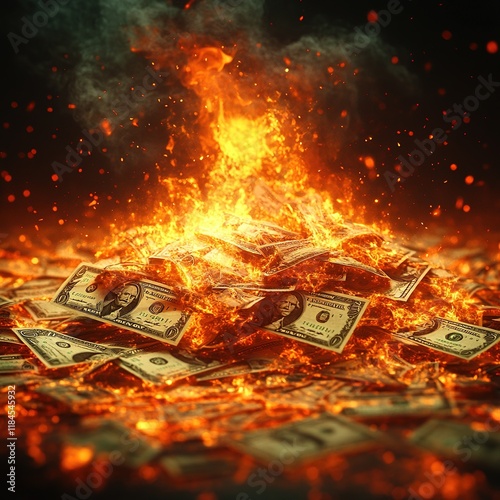 A fiery scene of burning money, symbolizing waste or excess in a dramatic visual.