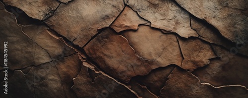 Closeup of ancient cave wall with cracked rock texture in earth tones or mocha mousse hues banner.