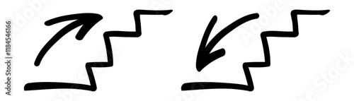 Stair icon set. Stairs with down arrow and up arrow black icon. Vector hand drawn illustration