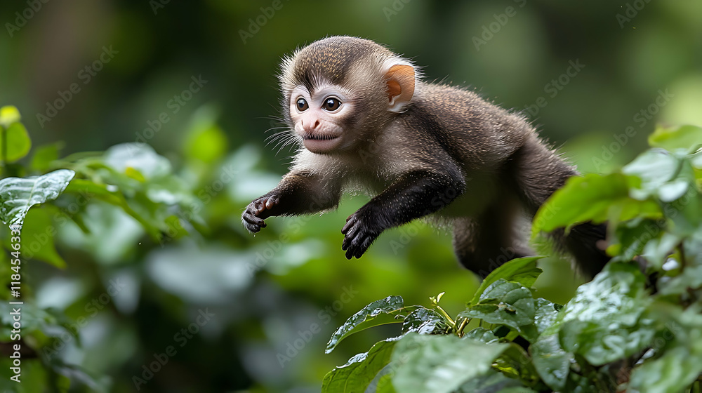 Fototapeta premium Playful Young Monkey Leaping Through Lush Green Tropical Foliage