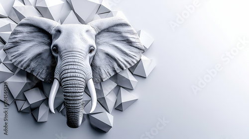 A stylized white elephant head emerges from a fragmented backdrop, creating a modern and artistic visual effect.
