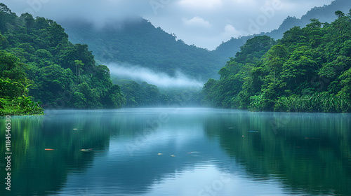 Serene landscape of a tranquil lake nestled in a lush green tropical forest with a misty mountain backdrop