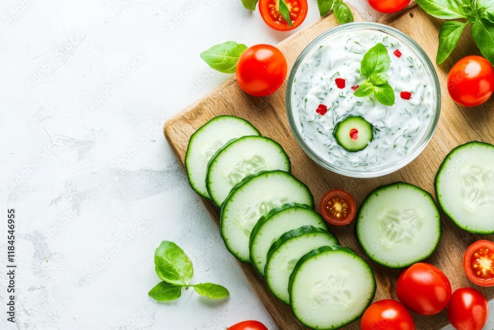 A refreshing summer picnic scene with tzatziki, sliced cucumbers, and cherry tomatoes laid out on a wooden board A refreshing summer picnic scene with tzatziki, sliced cucumbers, and cherry tomatoes laid out on a wooden board