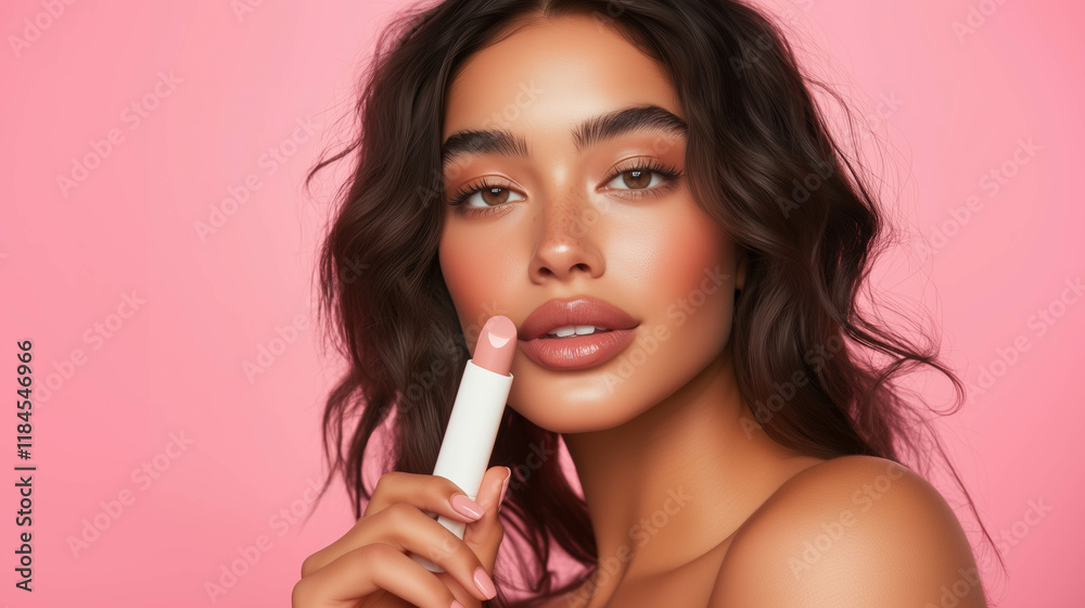 Model showcases glossy lip product with soft glam makeup against a pink backdrop Model showcases glossy lip product with soft glam makeup against a pink backdrop