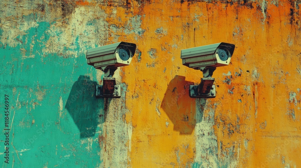 Dual security cameras on vibrant weathered wall with turquoise and orange contrast Dual security cameras on vibrant weathered wall with turquoise and orange contrast