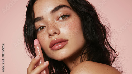 Close-up of model showcasing lip gloss with natural makeup against pink background