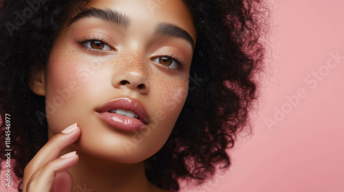 Close-up of model showcasing glossy lips with soft makeup against a pink background