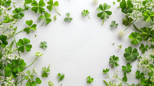 A beautiful arrangement of bright green clovers and dainty flowers framing a spotless white backdrop, capturing the essence of springa??s renewal and beauty. photo