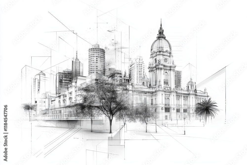 A sleek line drawing of the Montevideo skyline, featuring iconic landmarks like Palacio Salvo, in monochrome tones on a plain white canvas A sleek line drawing of the Montevideo skyline, featuring iconic landmarks like Palacio Salvo, in monochrome tones on a plain white canvas