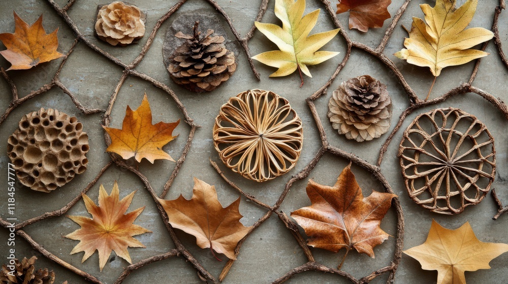 Fototapeta premium DIY decorations crafted from natural materials, leaves, and twigs forming intricate patterns