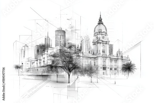 A sleek line drawing of the Montevideo skyline, featuring iconic landmarks like Palacio Salvo, in monochrome tones on a plain white canvas photo