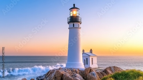 Wallpaper Mural Lighthouse beacon shines on rocky coast at sunset Torontodigital.ca