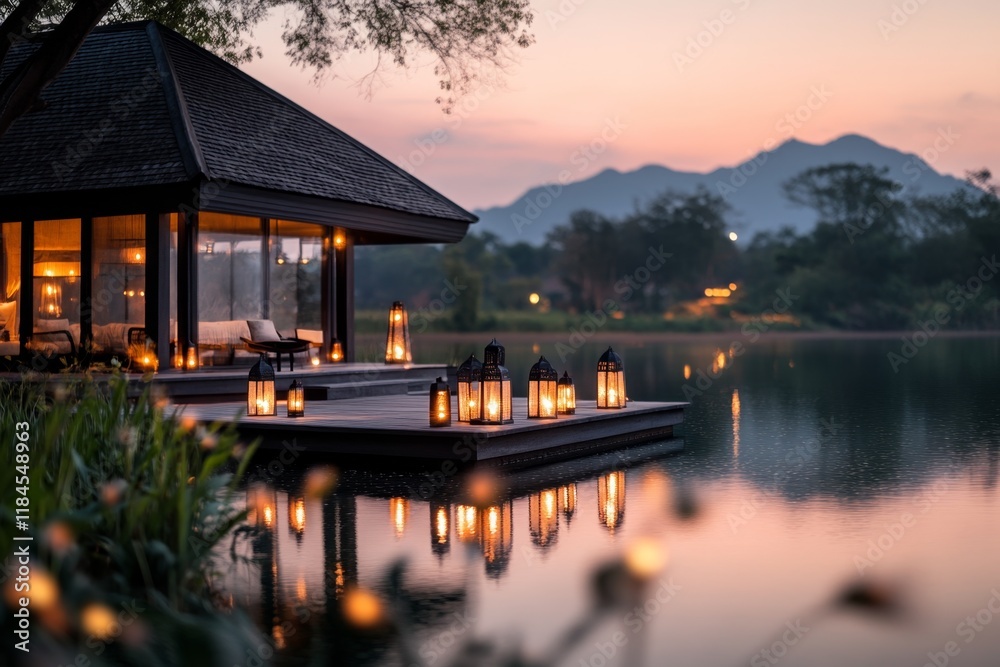 Fototapeta premium A serene night scene of the Emerald Ubosot lit by soft lanterns, with stars sparkling in the background