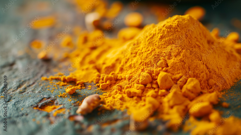 Vibrant turmeric powder displayed on a rustic wooden surface. Generative AI Vibrant turmeric powder displayed on a rustic wooden surface. Generative AI