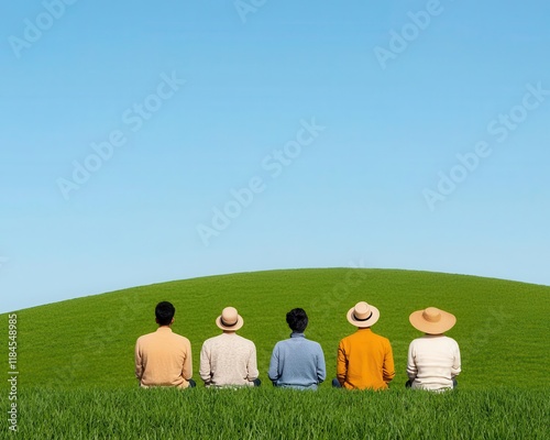mindfulness concept. Group practicing mindfulness breathing on a grassy hill, fostering collective harmony and presence