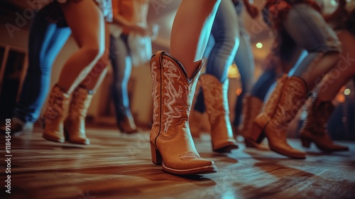 Close-up of people line dancing in cowboy boots