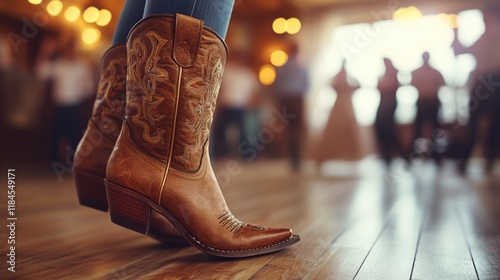 Close-up of western cowboy boots on wooden dance floor at lively event