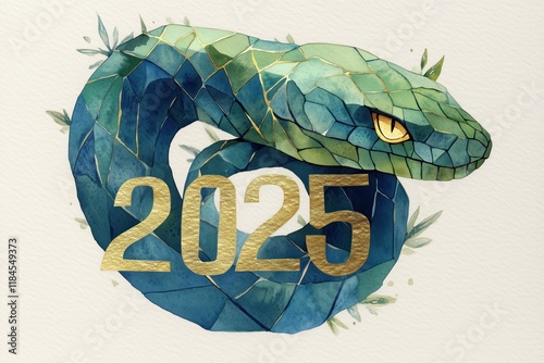 Golden snake with 2025 in blue and green colors, clipart on light background for New Year card. Watercolor illustration style and digital art.