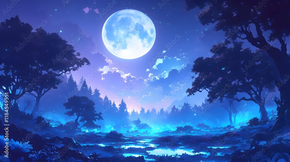 Naklejka premium stunning night landscape illuminated by a full moon, casting its light on a peaceful forest