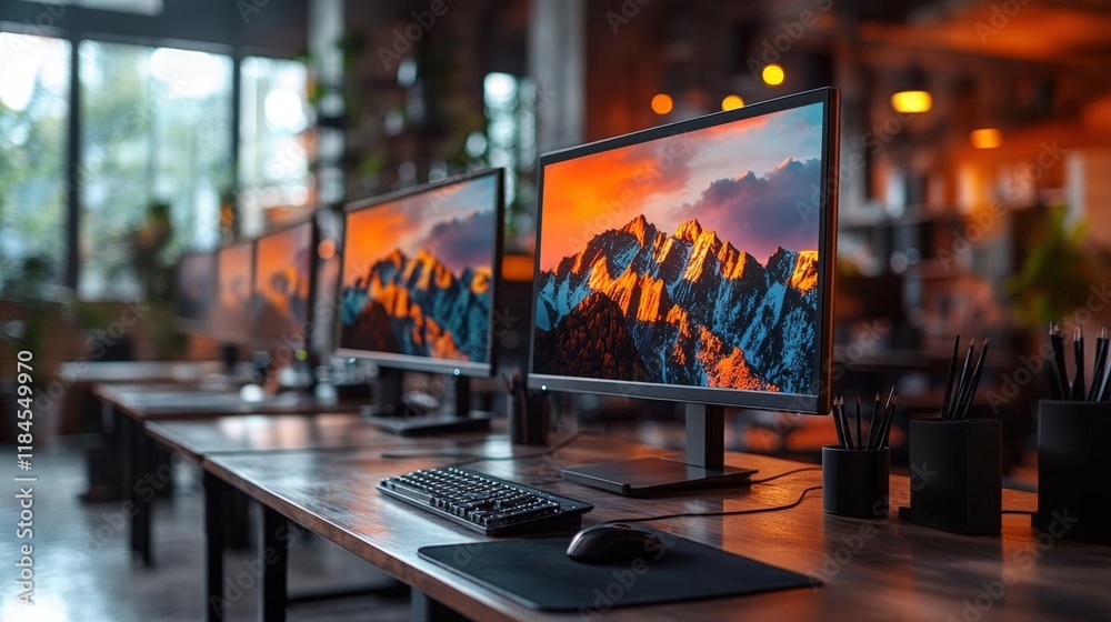 custom made wallpaper toronto digitalModern Office Workspace with Multiple Computers and Mountain Landscape Display
