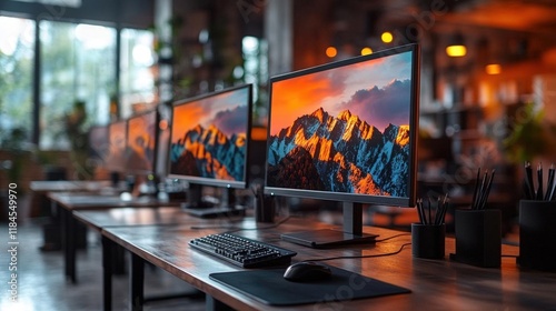 Wallpaper Mural Modern Office Workspace with Multiple Computers and Mountain Landscape Display Torontodigital.ca