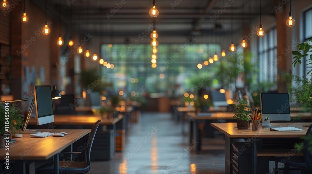 Modern Open Plan Office with Warm Lighting and Greenery Modern Open Plan Office with Warm Lighting and Greenery