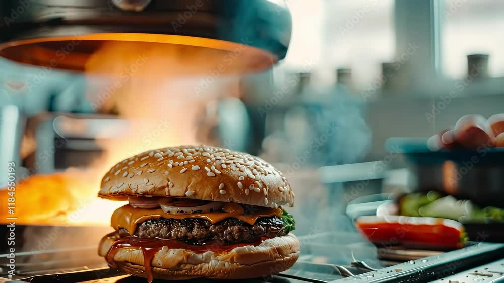 a woman is cooking a hamburger in the kitchen. Selective focus