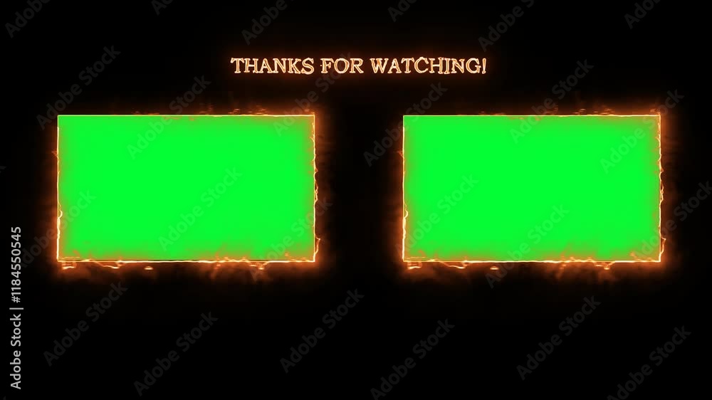 Fire pop up youtube end Screen channel with templates for video on alpha channel with Green screen chroma key. Thanks for watching, reminder for bells and like, animation background