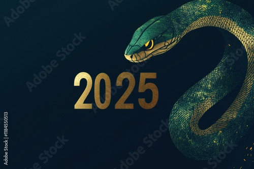 Golden and green snake near the 2025 against dark background with copy space. Digital art in minimalist style. Suitable for calendar design.