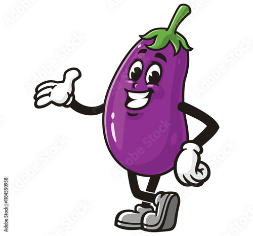 Smiling Eggplant Cartoon Character Mascot Illustration Vector Clip-art Hand-drawn Logo Design