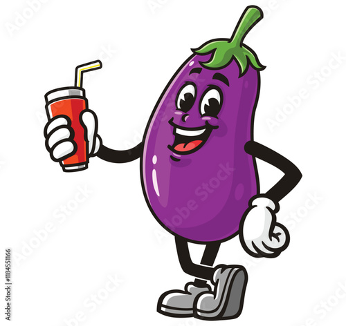 Eggplant with Soft drink,      Cartoon Character Mascot Illustration Vector Clip-art Hand-drawn Logo Design