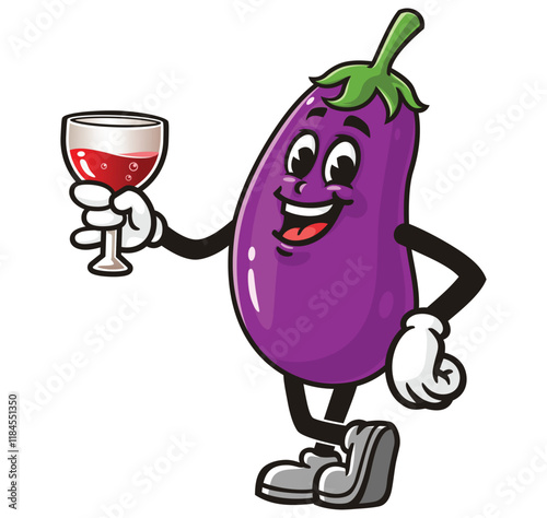 Eggplant with a glass of drink,         Cartoon Character Mascot Illustration Vector Clip-art Hand-drawn Logo Design