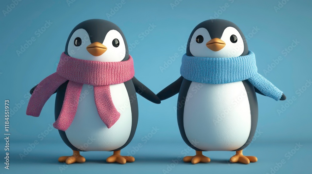 Naklejka premium Two cute cartoon penguins wearing scarves.