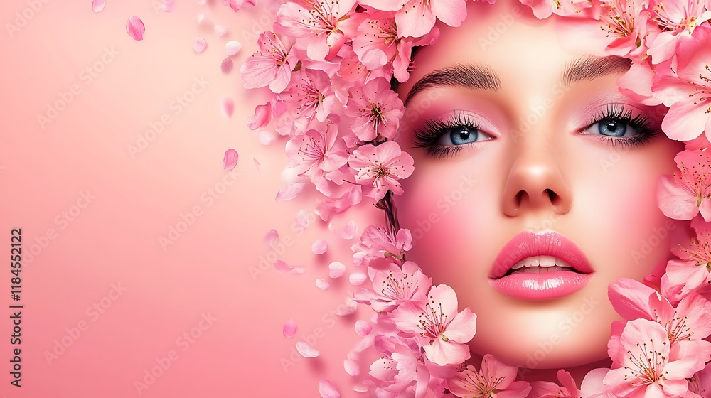 Fototapeta premium Woman with pink flowers, beauty, spring
