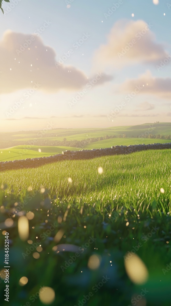 Fototapeta premium A serene landscape with lush green fields under a soft, glowing sunset.