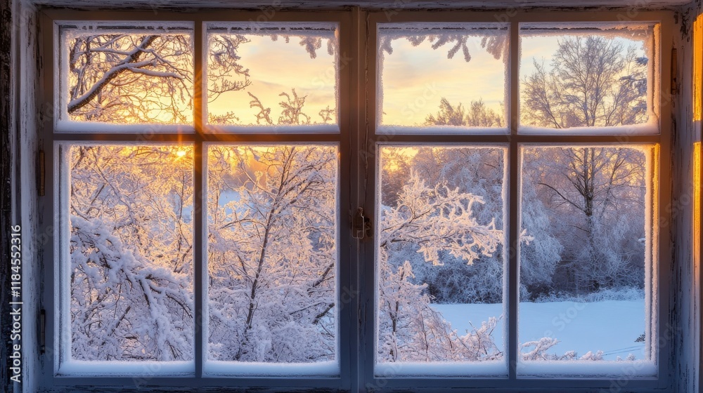 Fototapeta premium Snowy winter sunset viewed from a cozy window with frost-covered trees outside