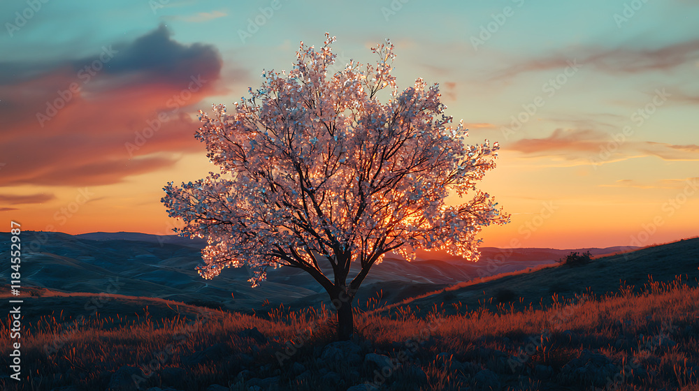A tree stands alone in a field with a beautiful sunset in the background A tree stands alone in a field with a beautiful sunset in the background